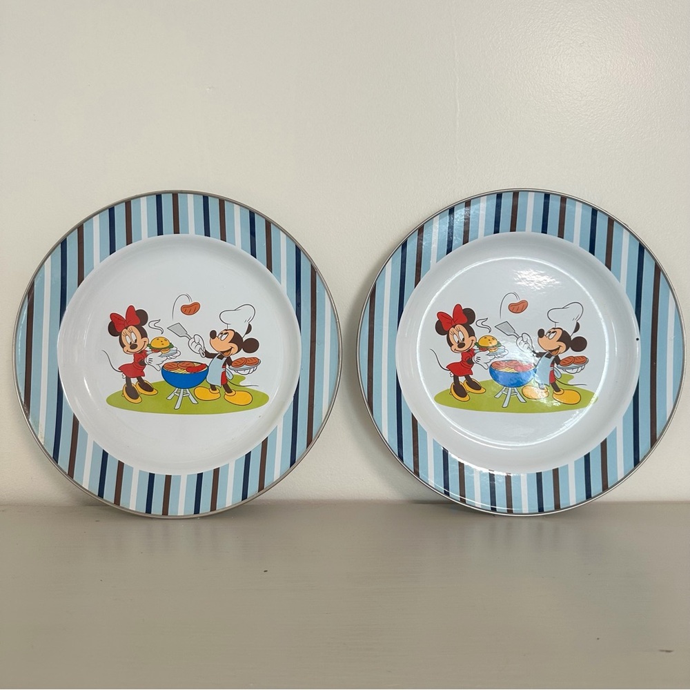 Disney Mickey and Minnie Mouse BBQ Childs Tin Lunch or Snack Plate 2-Piece 10”